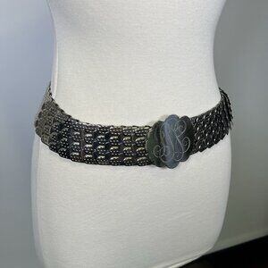 Vintage 80s Silver Tone Fish Scale Metal Stretch Waist Belt Flower Monogram SSS